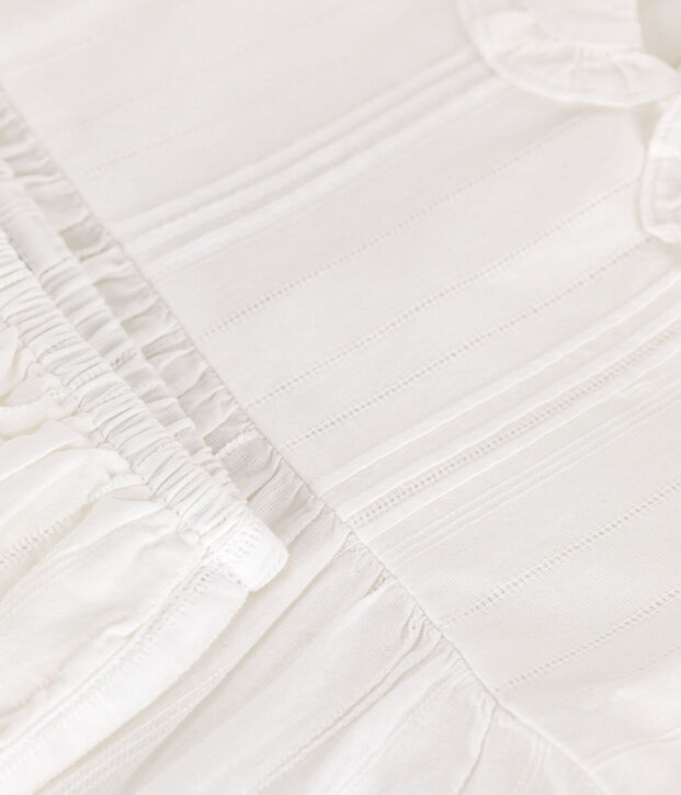 Robe blanche b&eacute;b&eacute; en coton, bloomer et leurs d&eacute;tails ajour&eacute;s blanc