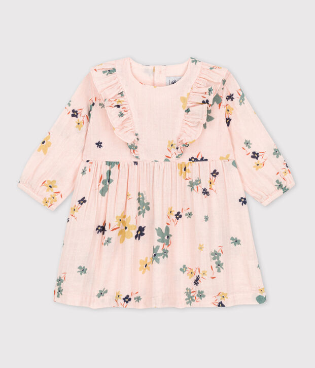 Robe manches longues b&eacute;b&eacute; en gaze de coton imprim&eacute;e rose/multicouleur