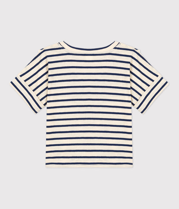 Tee-shirt manches courtes en coton enfant fille &eacute;cru/bleu