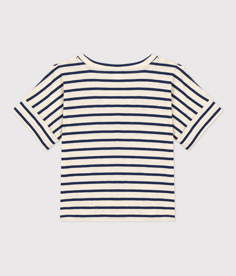 Tee-shirt manches courtes en coton enfant fille &eacute;cru/bleu