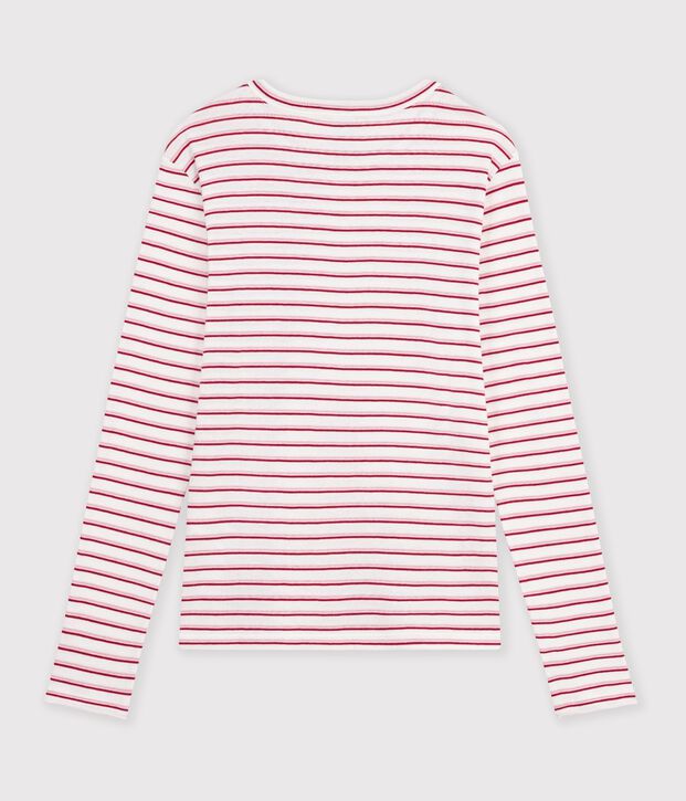 Tee-shirt femme en coton manches longues &agrave; rayures blanc/rouge