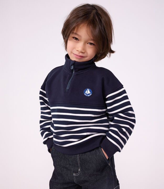 Sweatshirt col camionneur enfant en coton &agrave; rayures bleu/blanc
