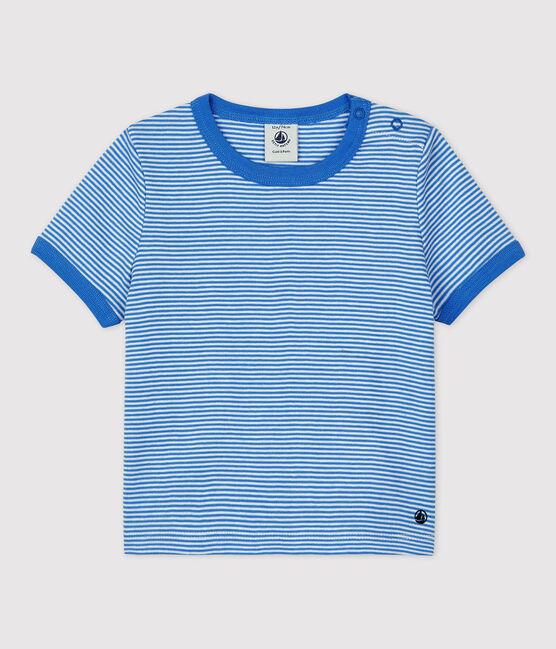 Tee-shirt manches courtes rayé milleraies en coton bio bébé bleu BRASIER/gris MARSHMALLOW