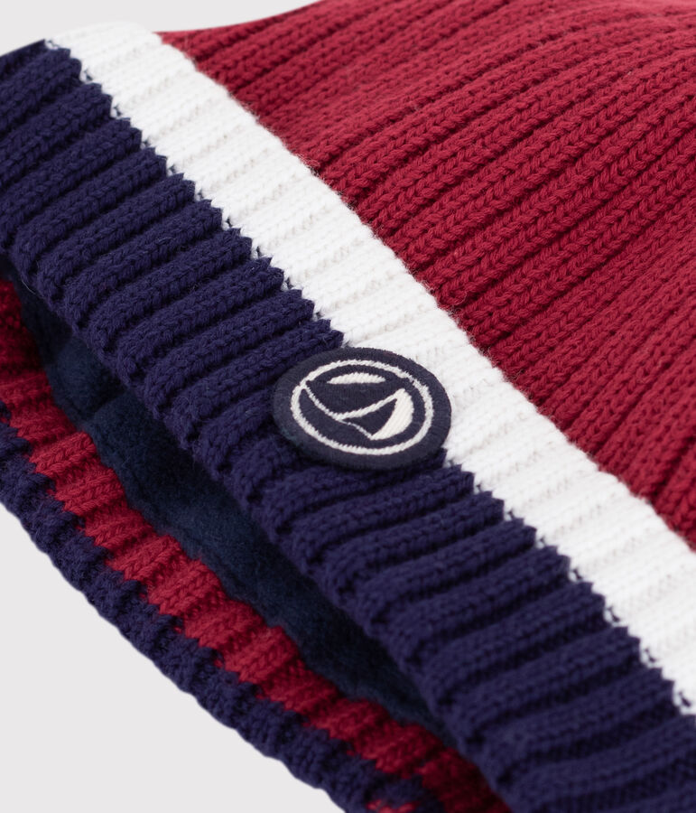 Bonnet b&eacute;b&eacute; en tricot doubl&eacute; en polaire rouge AMARANTE/ MULTICO