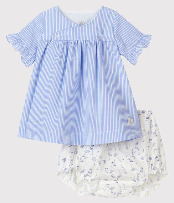 Robe à rayures avec bloomer fleuri bébé fille en popeline blanc MARSHMALLOW/blanc MULTICO