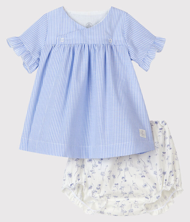 Robe &agrave; rayures avec bloomer fleuri b&eacute;b&eacute; fille en popeline blanc/multicouleur