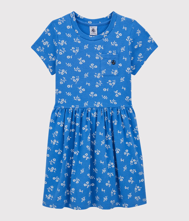 Robe manches courtes en coton enfant fille bleu/blanc