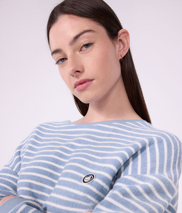 Pyjama femme en coton &eacute;ponge &agrave; rayures bleu/&eacute;cru
