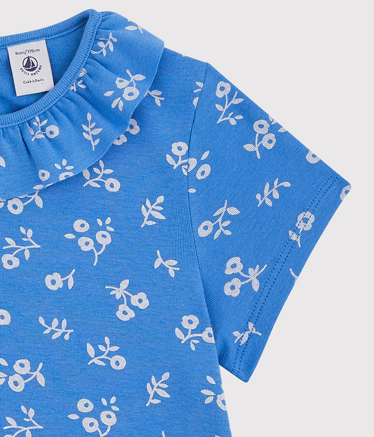 T-shirt manches courtes en coton enfant fille bleu BRASIER/gris MARSHMALLOW