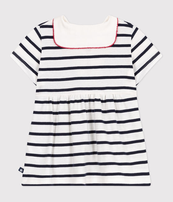 Robe marinière bébé en coton manches courtes et col vareuse blanc MARSHMALLOW/bleu SMOKING