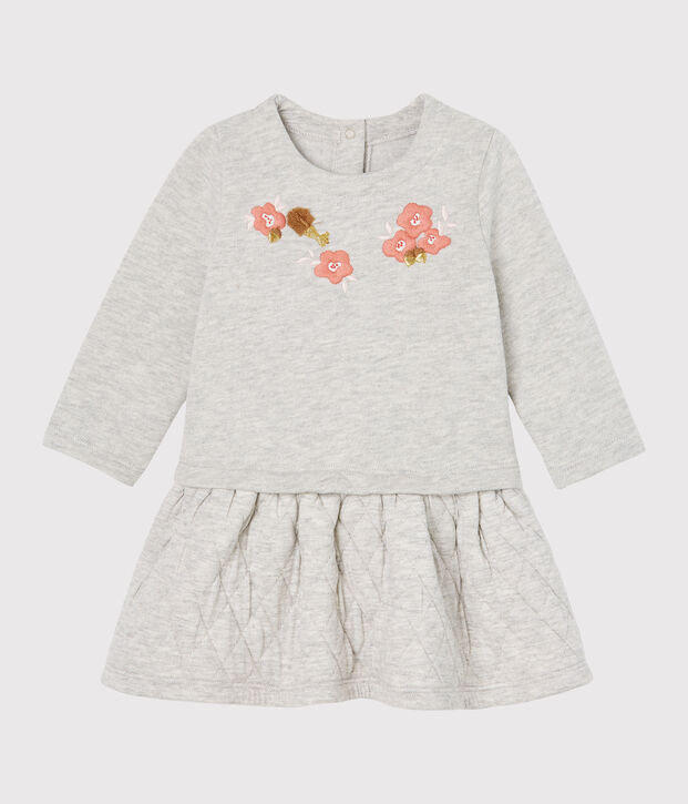 Robe manches longues bi-mati&egrave;re b&eacute;b&eacute; fille gris chin&eacute; clair