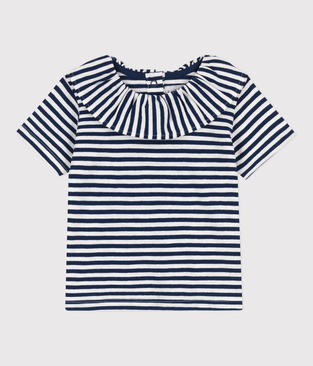 Blouse manches courtes b&eacute;b&eacute; en jersey flamm&eacute; ray&eacute; bleu/blanc
