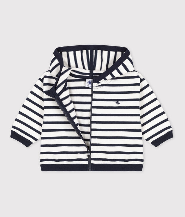 Sweatshirt &agrave; capuche b&eacute;b&eacute; ray&eacute; marini&egrave;re en jesey &eacute;pais blanc/bleu