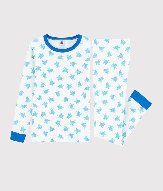 Pyjama snugfit imprimé tortues petit garçon-petite fille en coton blanc MARSHMALLOW/bleu COOL