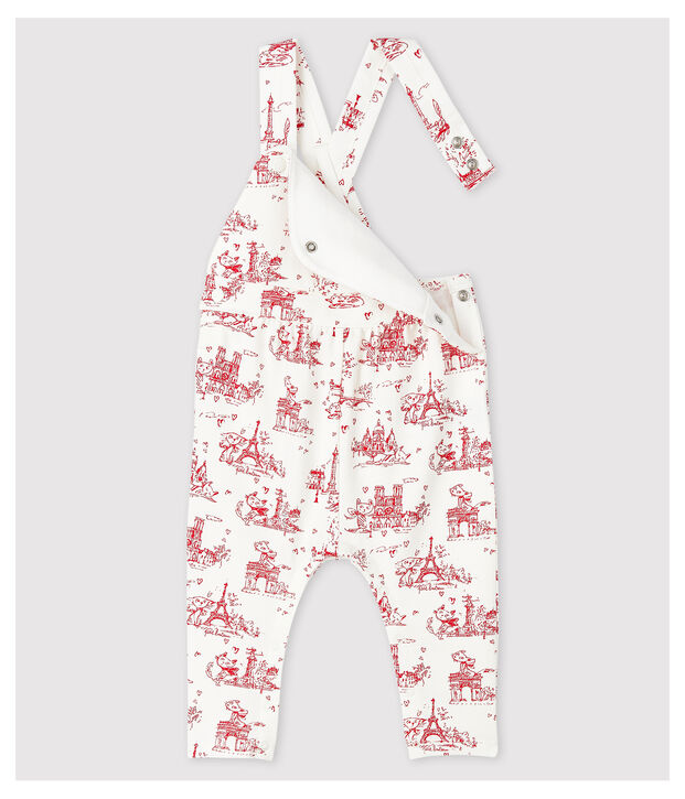 Salopette longue en molleton b&eacute;b&eacute; fille blanc/rouge