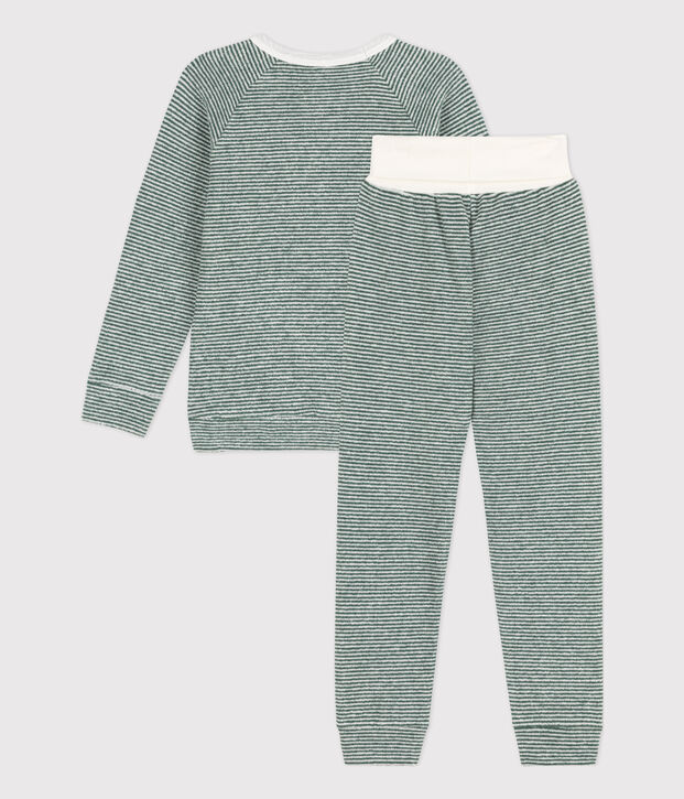 Pyjama milleraies en coton en &eacute;ponge enfant vert/blanc