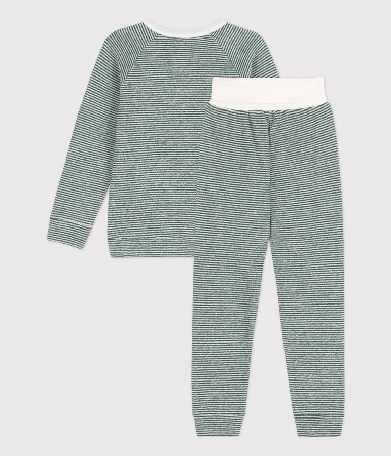 Pyjama milleraies en coton en &eacute;ponge enfant vert VALLEE/blanc MARSHMALLOW