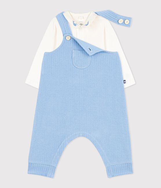 Ensemble salopette/body bébé en coton uni et détails brodés bleu FLO/ MILK