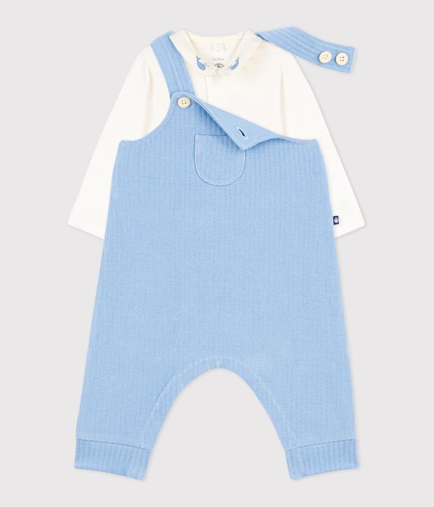 Ensemble salopette/body b&eacute;b&eacute; en coton uni et d&eacute;tails brod&eacute;s bleu/&eacute;cru