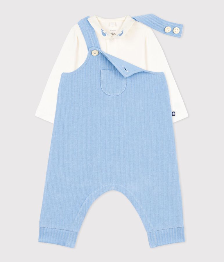 Ensemble salopette/body b&eacute;b&eacute; en coton uni et d&eacute;tails brod&eacute;s bleu FLO/ MILK