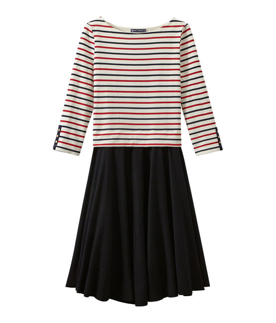Robe femme trompe l'œil tricolore beige COQUILLE/bleu SMOKING/ TERKUIT