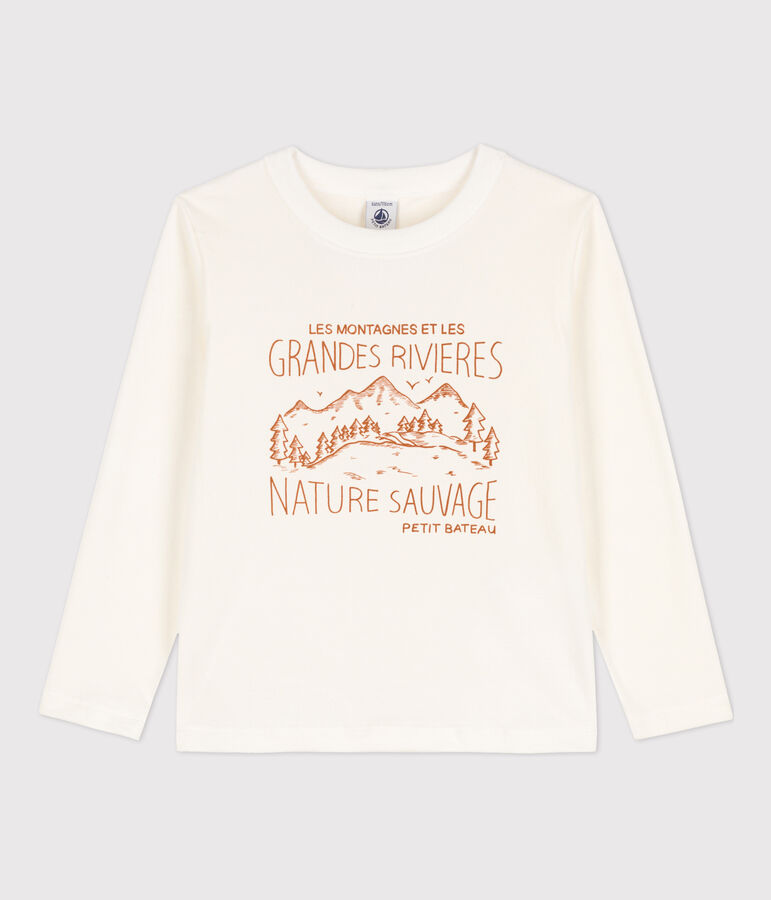 Tee-shirt manches longues imprim&eacute; enfant gar&ccedil;on blanc MARSHMALLOW