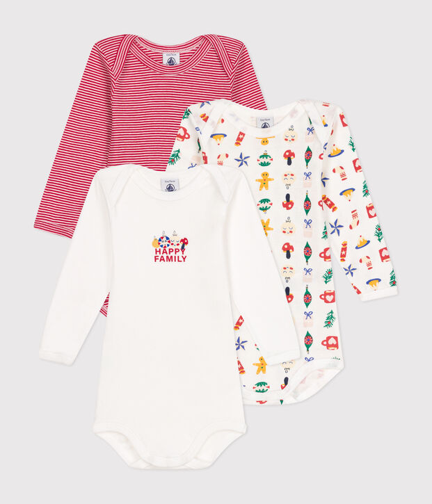 Lot de 3 bodies manches longues Noel en coton b&eacute;b&eacute; multicouleur