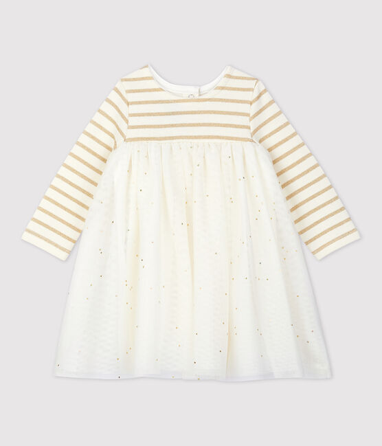 Robe manches longues bi-matière bébé fille beige COQUILLE/jaune LUREX DORE