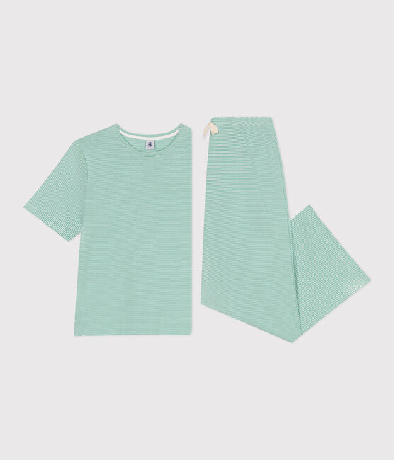 Pyjama femme en coton jambes larges à rayures vert ALOEVERA/blanc MARSHMALLOW