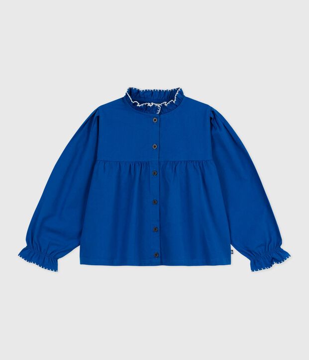 Blouse enfant en twill de coton manches longues unie bleu