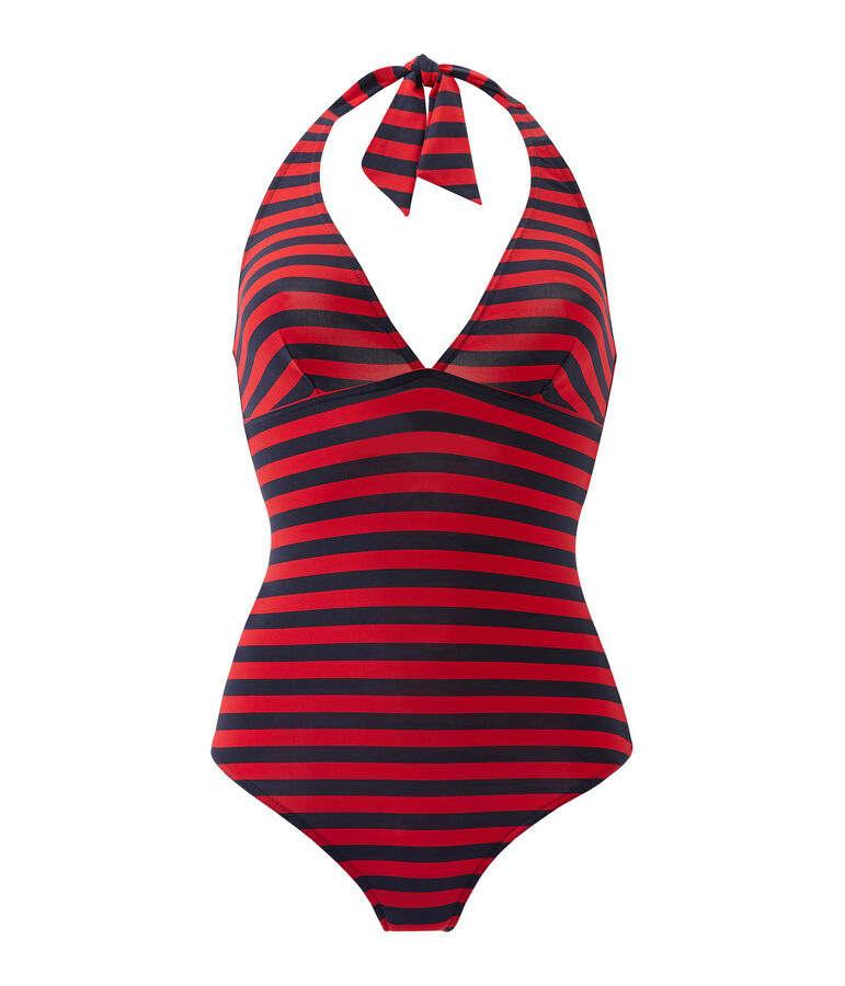 Maillot de bain femme 1 pi&egrave;ce rayure marini&egrave;re bleu SMOKING/rouge TERKUIT