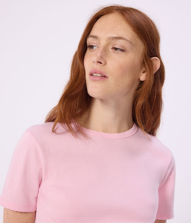 Tee-shirt femme en coton manches courtes uni rose clair