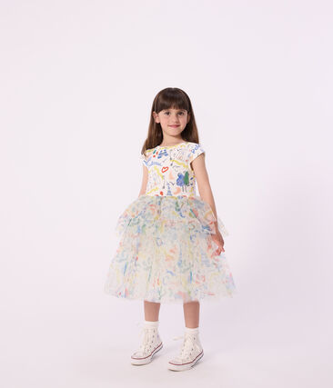 Robe enfant manches courtes en coton et tulle imprimée