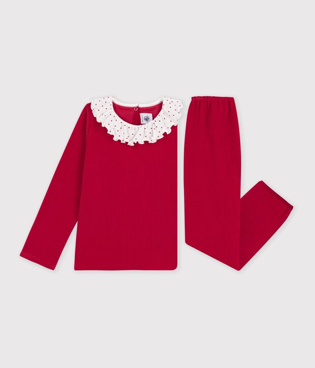 Pyjama enfant en velours c&ocirc;tel&eacute; uni &agrave; collerette rouge