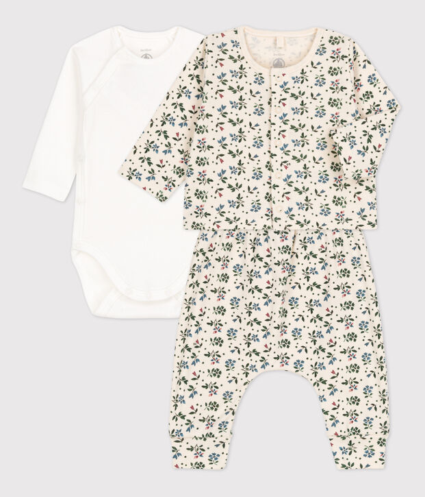 Ensemble 3 pi&egrave;ces b&eacute;b&eacute; en coton imprim&eacute; fleuri &eacute;cru/multicouleur