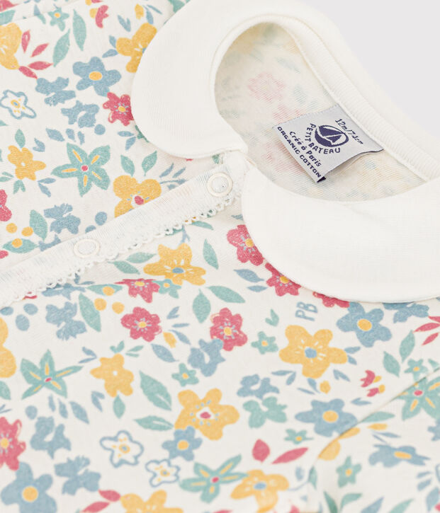 Combinaison courte fleurs en coton b&eacute;b&eacute; blanc/multicouleur