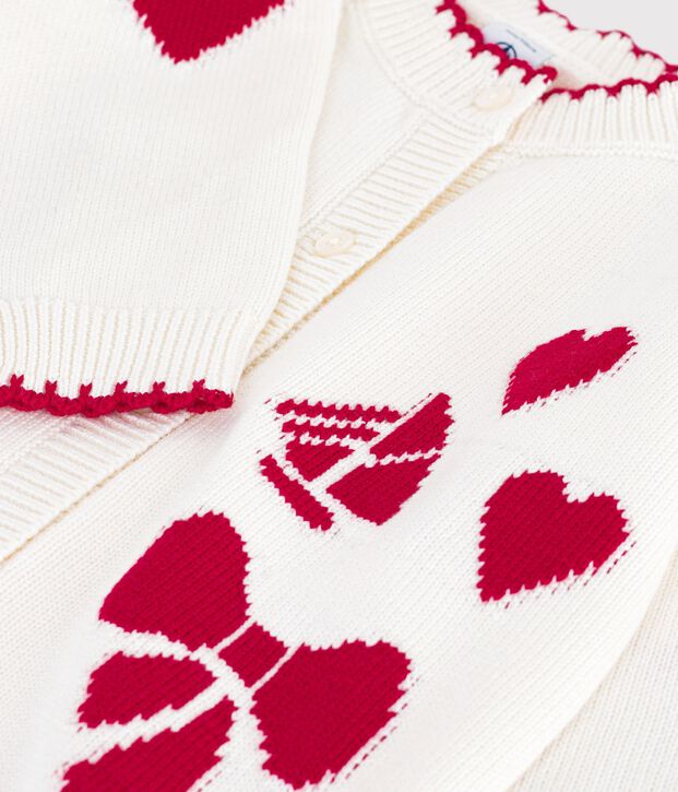 Cardigan enfant en laine et coton &agrave; motifs blanc/rouge