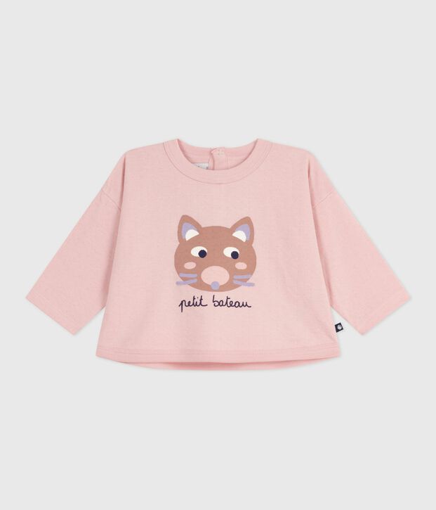 Tee-shirt b&eacute;b&eacute; en coton &agrave; manches longues, motif chat rose clair