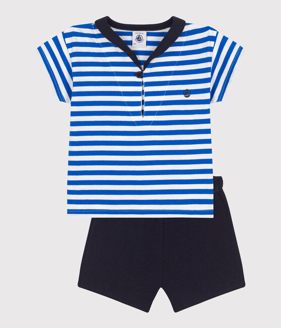 Ensemble bébé deux pièces en coton, t-shirt col vareuse bleu PORCELANA/ SMOKING