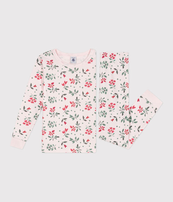 Pyjama très ajusté enfant en coton fleuri rose FLEUR/blanc MULTICO