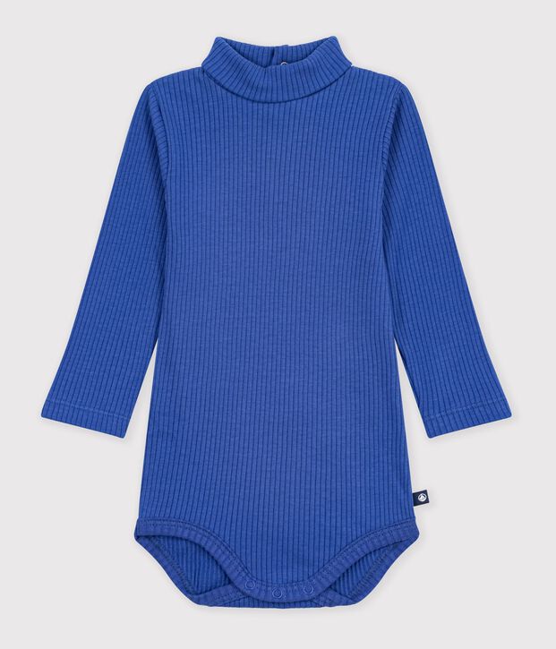 Body b&eacute;b&eacute; col roul&eacute; en coton uni bleu
