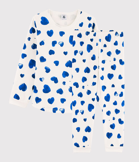 Pyjama cœurs bleus petite fille en molleton blanc MARSHMALLOW/bleu BLEU