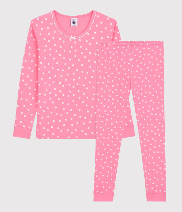 Pyjama snugfit &agrave; pois petite fille en coton rose/blanc