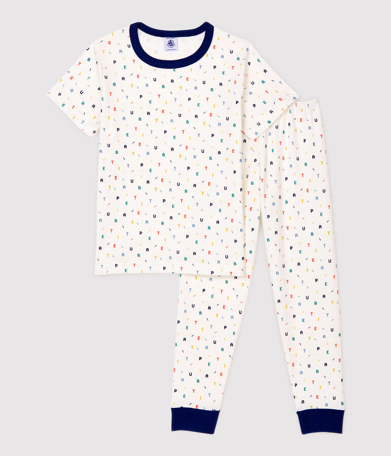 Pyjama &agrave; manches courtes imprim&eacute; lettres multicolores petit gar&ccedil;on en coton biologique blanc MARSHMALLOW/blanc MULTICO