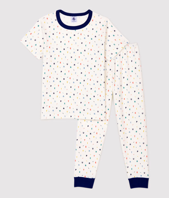 Pyjama à manches courtes imprimé lettres multicolores petit garçon en coton biologique blanc MARSHMALLOW/blanc MULTICO
