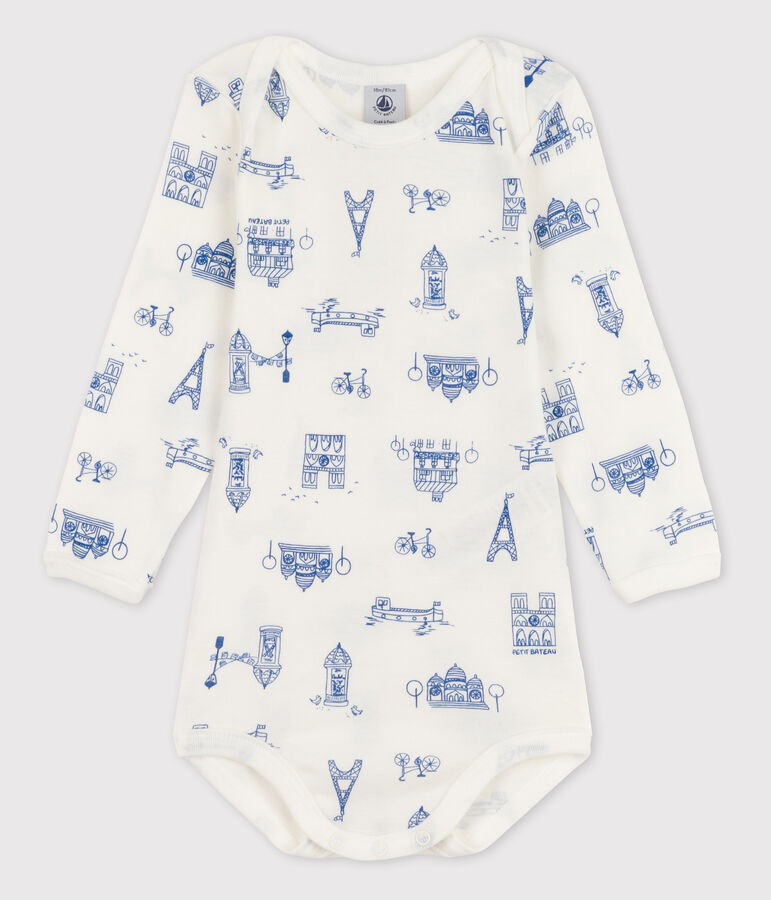 Body manches longues b&eacute;b&eacute; fille blanc MARSHMALLOW/bleu MAJOR