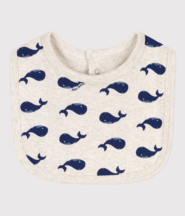 Bavoir unitaire baleines en coton beige/bleu