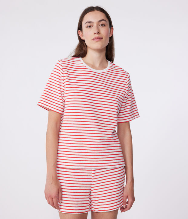 Pyjama short femme en coton &agrave; rayures rouge/rouge
