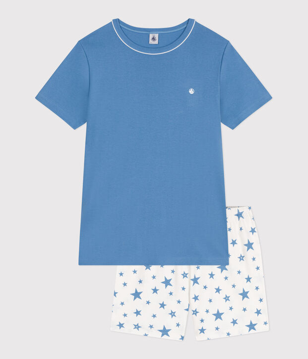 Pyjama short enfant en coton bleu/blanc