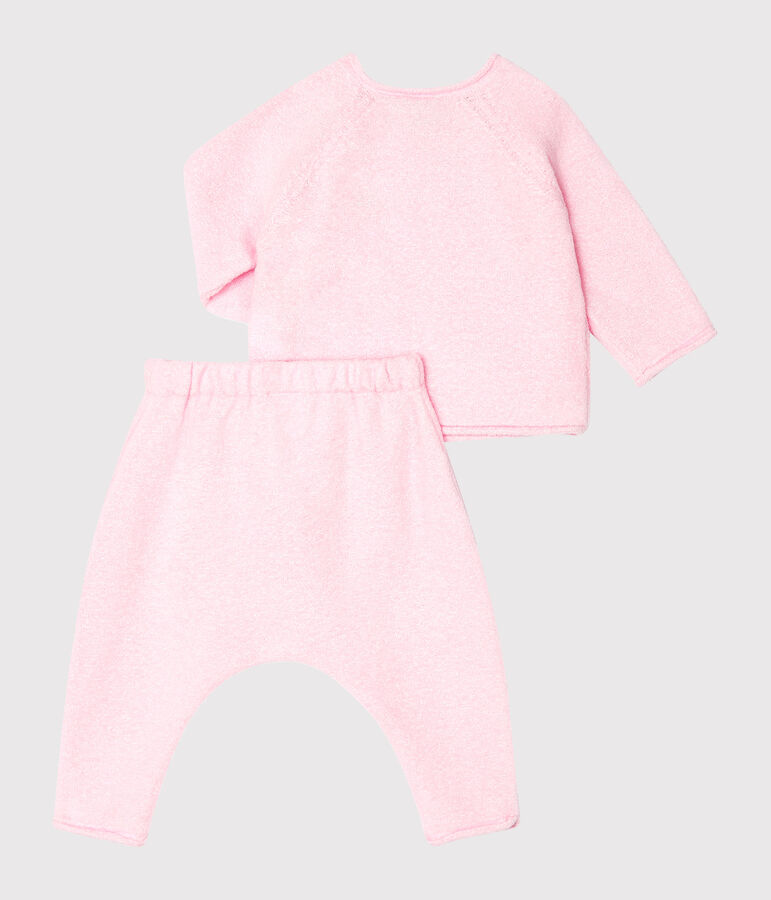 Ensemble deux pi&egrave;ces b&eacute;b&eacute; en coton, laine m&eacute;rinos et polyester rose